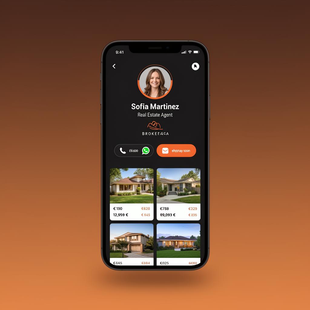 Example INMOContact public page for a real estate agent on a phone, showing profile, contact buttons and property listings